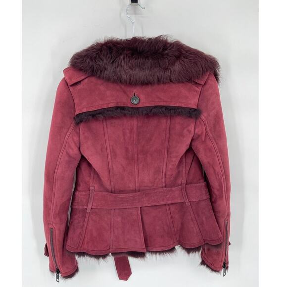 Burberry Burgundy Suede Shearling Haddingcroft Double Breasted Jacket US size 2 - Picture 13 of 16